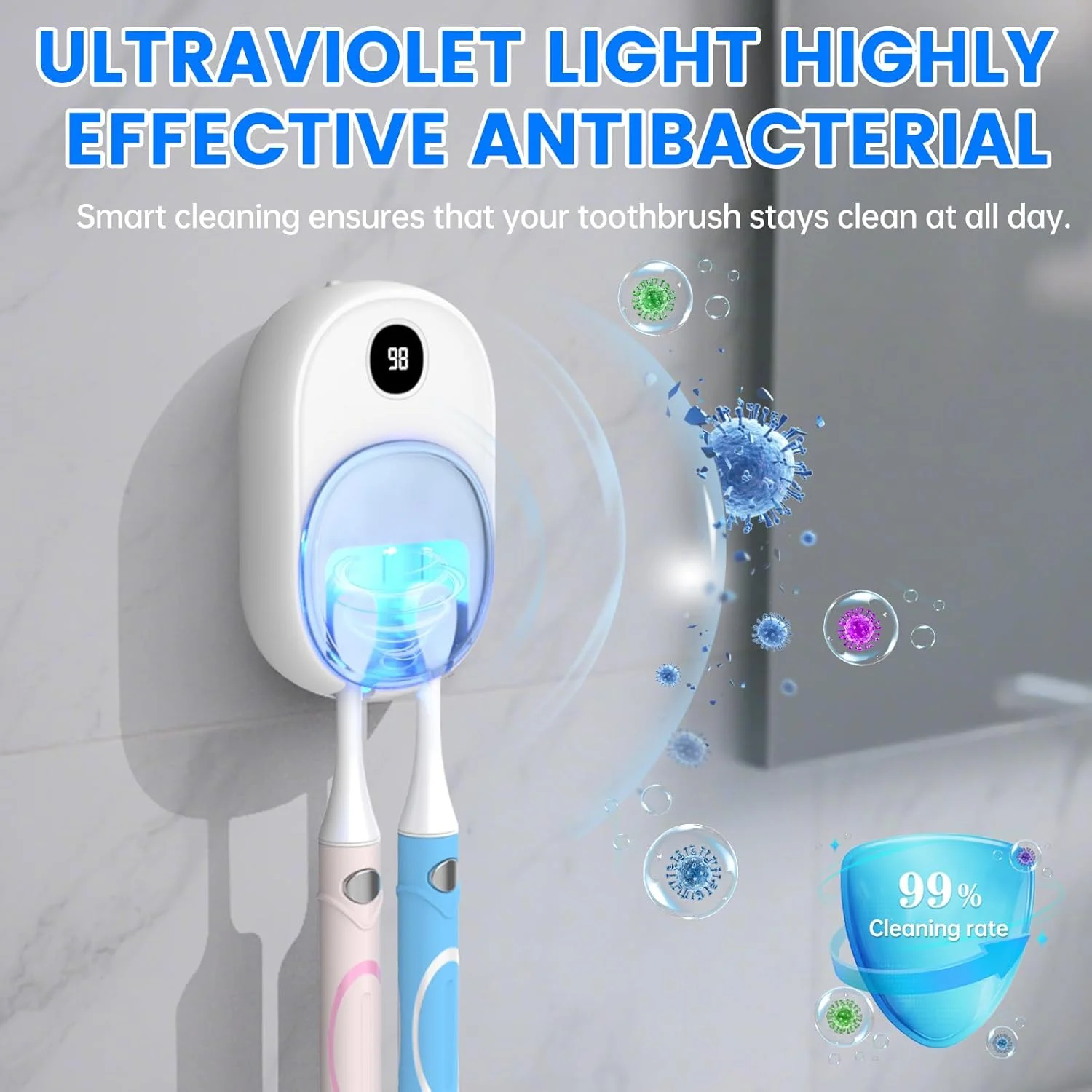 1800mAh UV-C 라이트 칫솔 살균기, 팬 건조 기능이 있는 휴대용 충전식 케이스, 벽걸이용 후크 포함, 가정 및 여행용 칫솔 2개 수납 가능