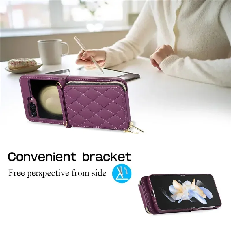 Crossbody Lanyard Leather Zipper Wallet Card Phone Case For Samsung Galaxy Z Flip 5 4 3 Luxury Wrist Rope Flip Stand Cover Coque