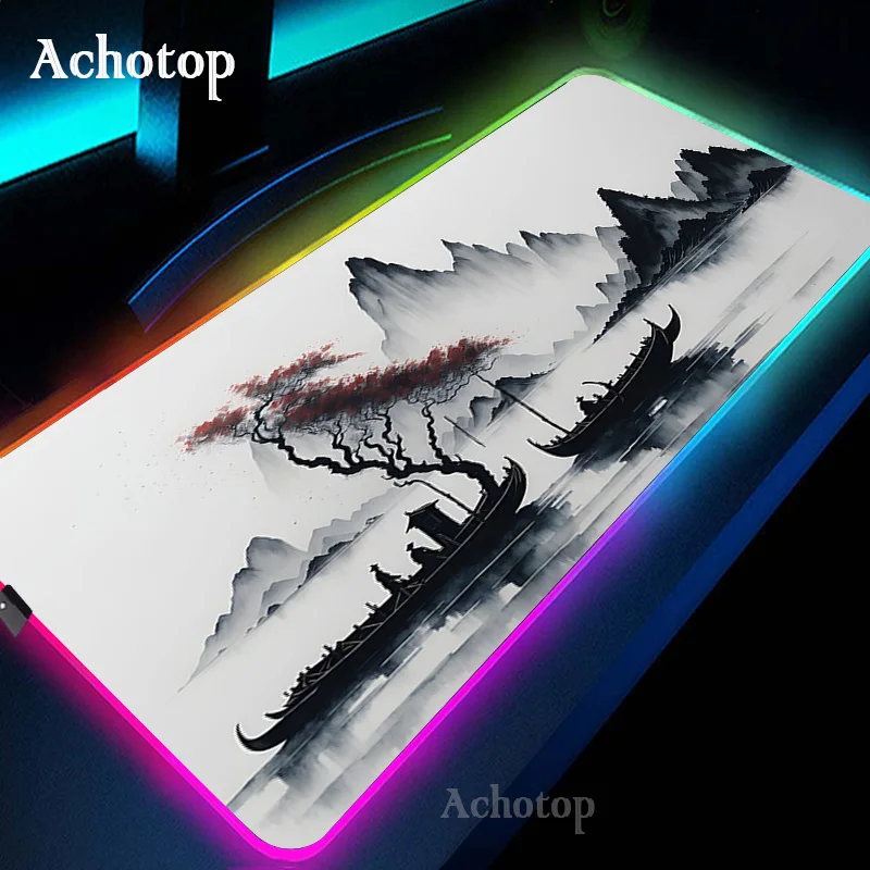 thumbnail image 1 of Alfombrilla de ratón para ordenador portátil RGB en blanco y negro, alfombrilla de ratón para juegos, alfombra grande con teclado de montaña Serenity, alfombrilla de escritorio LED de 100x50 con retro, 1 of 5