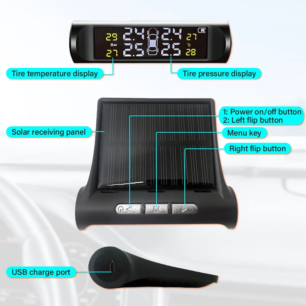 1 set Cars Temperature Tire Air Pressure Gauge Car Intelligent TPMS Solar Tyre Pressure Monitoring System Parking Sensors