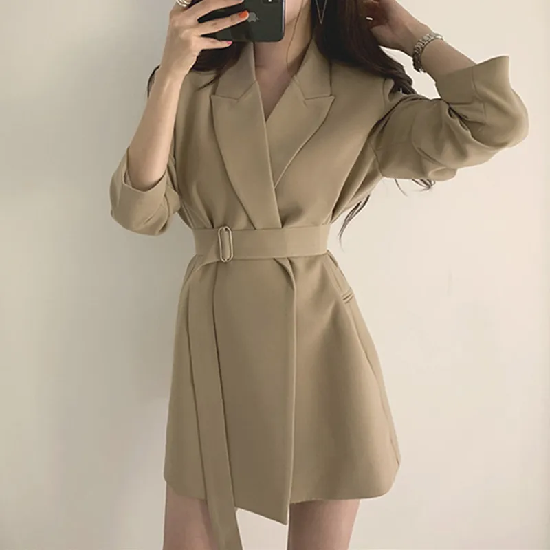 

2023 New Fashion Spring Autumn Women Long Blazers Jacket With Belt Female Outwear Office Lady Coat England Style Dress