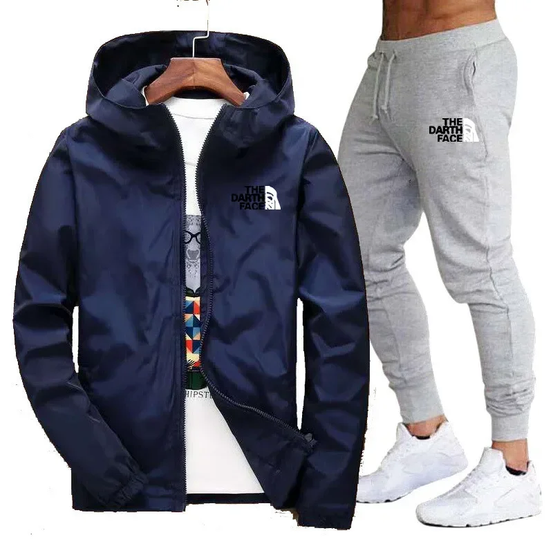 2024 Spring Fall men's thin trench coat + sweatpants two-piece fashion casual fitness jacket sportswear suit