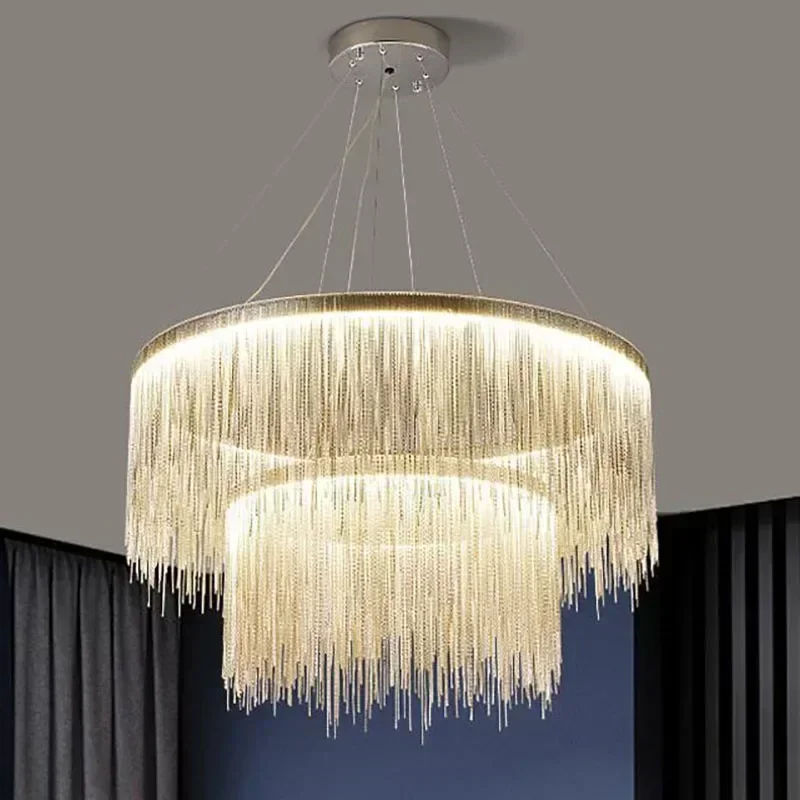 

Postmodern Style Living Room Chain Led Chandelier Nordic Creative Bedroom Dining room Cloth Store Tassel Chain Light Fixtures