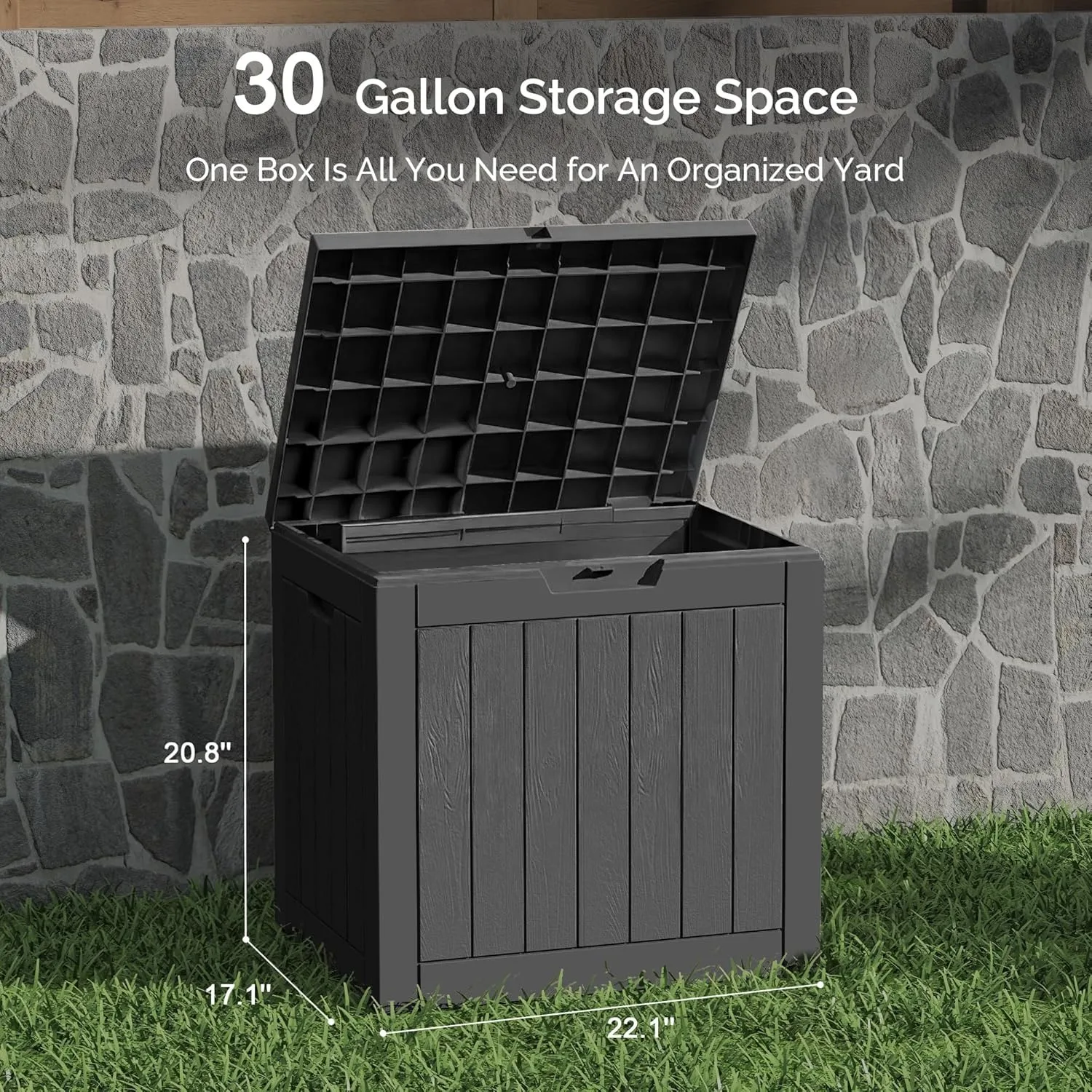 Lockable Storage Box, Weather-Resistant Outdoor Storage Bin, 30-Gallon Faux Plank Driftwood