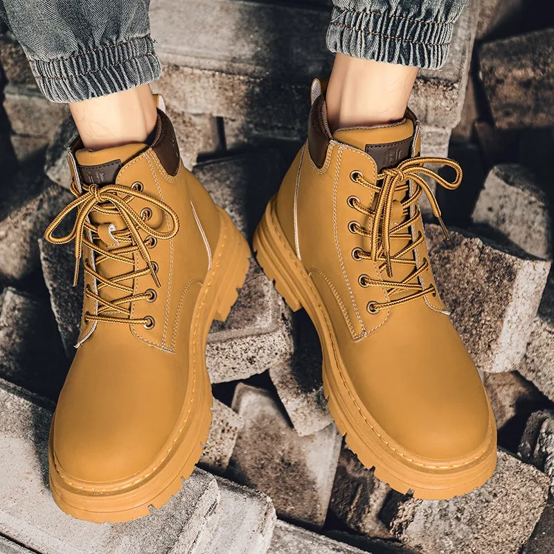 Men's high top boots four season outdoor work shoes anti slip and comfortable yellow boots fashion British casual leather boots - 5