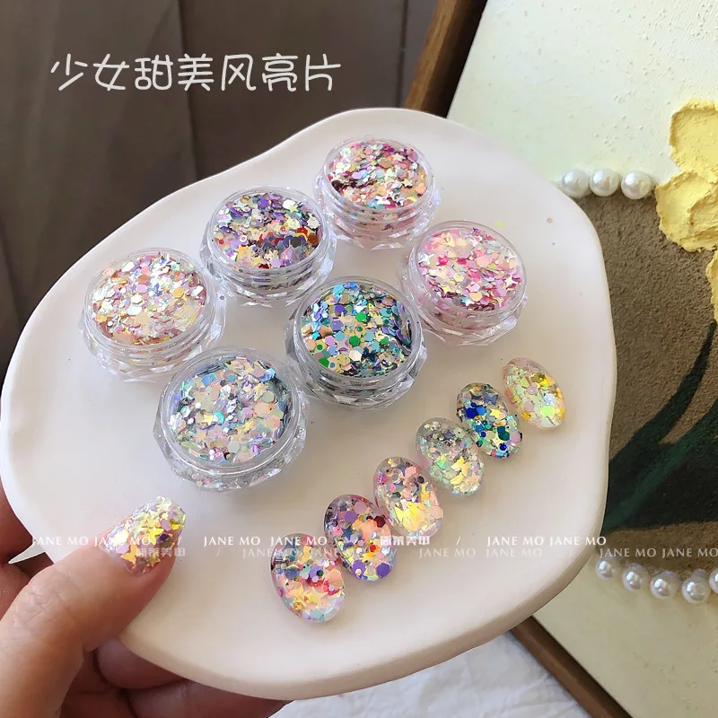 

1 Jar Nail Glitter Flake Hexagon Shaped Ultra-thin Anti-crack Mixed Color Sequin Nails Art Decoration Flake Kawaii Nail Glitter