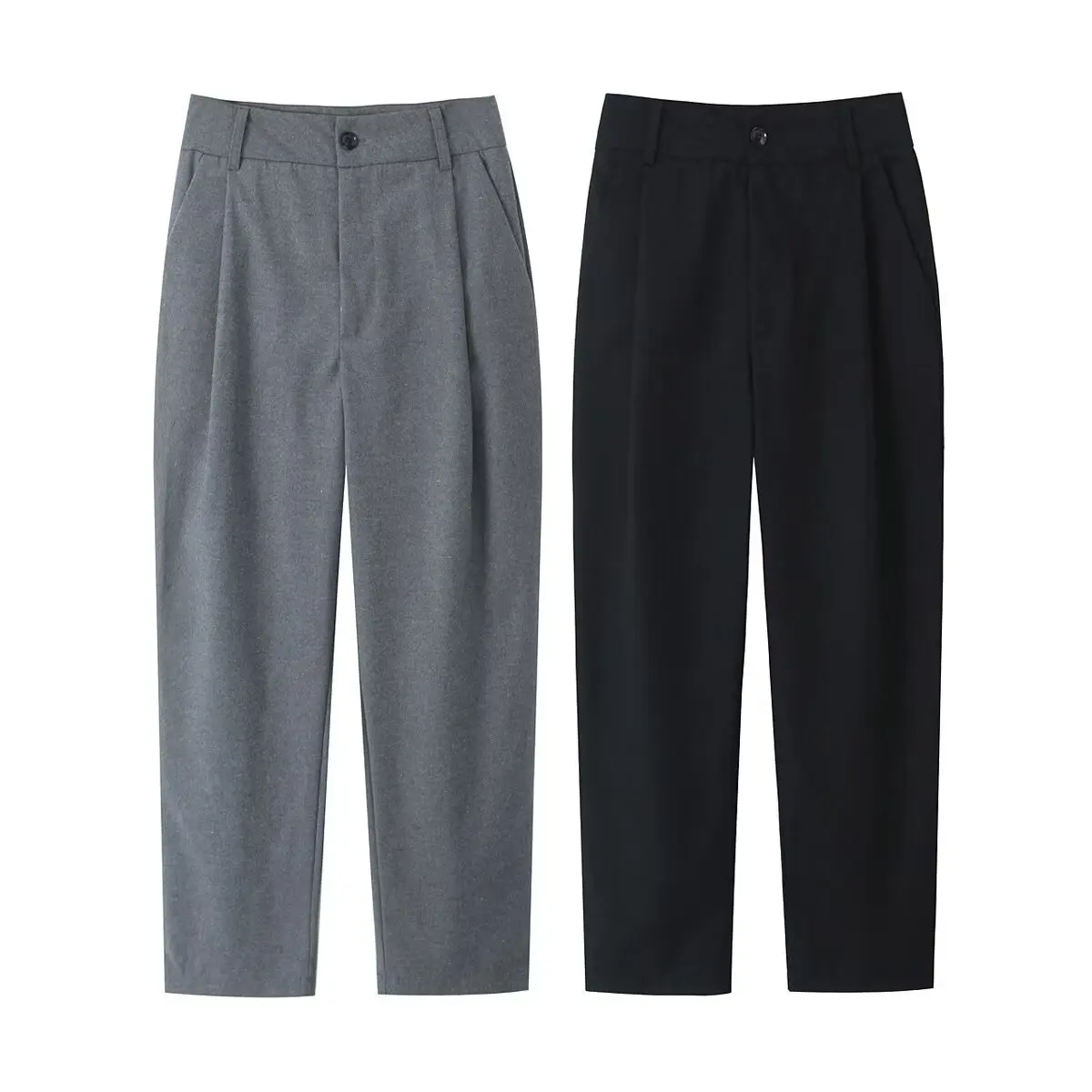 

Women New Chic Fashion Neutral style Pleated Side Pockets Casual Pants Vintage High Waist Zipper Female Trousers Mujer