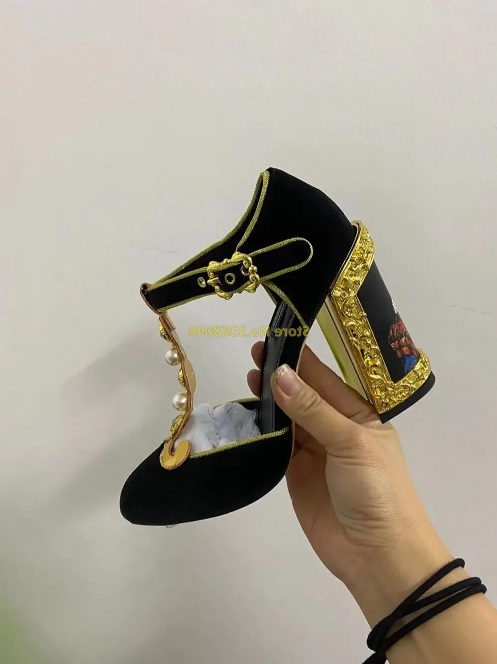 벨벳 진주 T 스트랩 펌프 라운드 발가락 블록 Chunky 뒤꿈치 블랙 그린 부르고뉴 발목 버클 스트랩 펌프 하이힐 신발