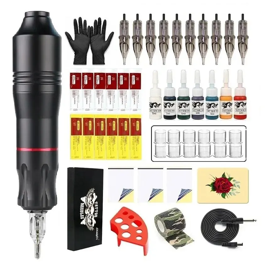 Tattoo Kit DC Jack Rotary Machine Pen 10pc Cartridge Needle 7pc Ink For Tattoo Beginner