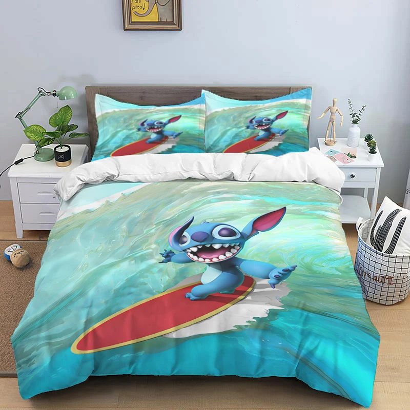 thumbnail image 1 of Disney Cartoon Cute Stitch Print Three Piece Bedding Set Cover Set With Pillowcase Children or Adults King Queen Full Twin Size, 1 of 5