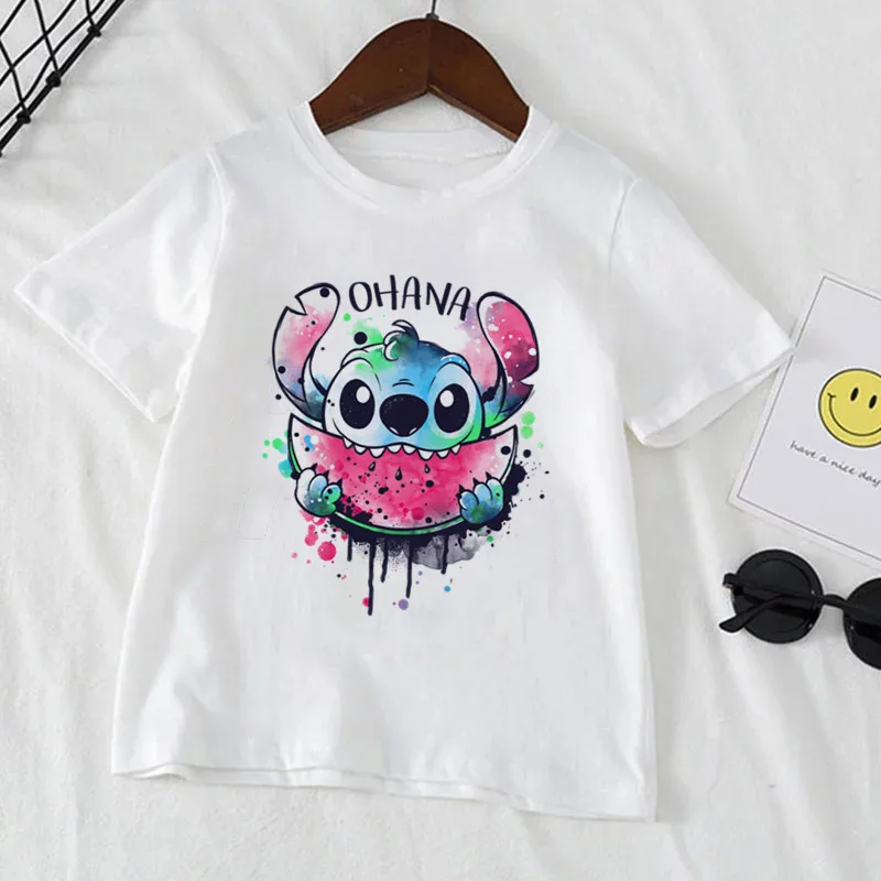 Kawaii Disney Stitch Boy Girl Clothes Cartoon T Shirt For Child T-Shirt White Short Sleeve Graphic Kid Tee 3