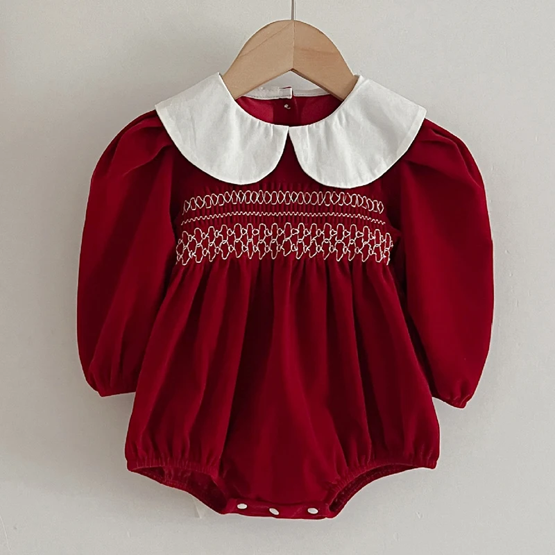 Infant Girls Long Sleeve Sweet Solid Dress with Doll Collar Romper