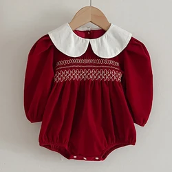 Infant Girls Long Sleeve Sweet Solid Dress with Doll Collar Romper - 12M-80 (A6057 Rompers)