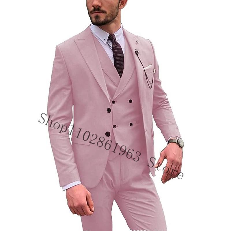 Tailor Made Men Suits Peak Lapel Two Buttons 3 Pieces Male Suits Groom Wear Wedding Tuxedos Blazer+Vest+Pants Costume Homme