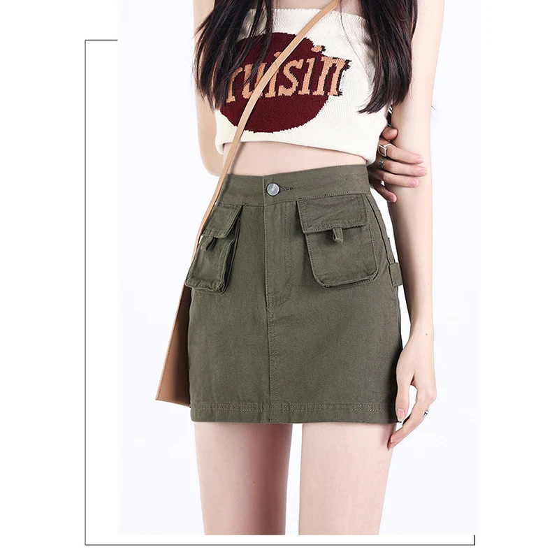 Real time photo of denim short skirt for women in 2023 new summer high street military green fashion slim and long versatile but