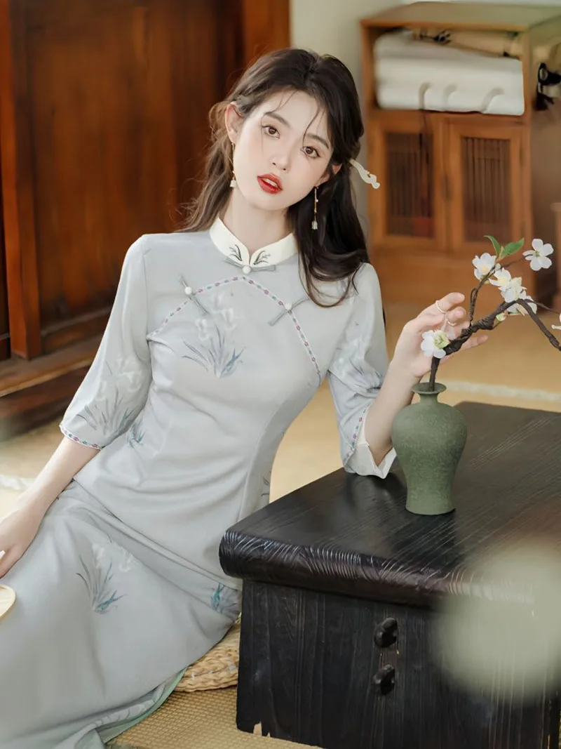 

Blue Beige Women Cheongsam Summer Dress Vintage Plus Size Chinese Traditional Design Sleeve Dresses Floral Slim Qipao S - XXL