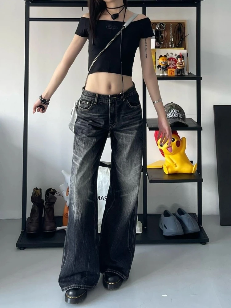 ADAgirl Black Baggy Jeans Women Harajuku Vintage Oversize Do Old Korean Wide Leg Denim Pants Y2k Causal Straight Female Bottoms