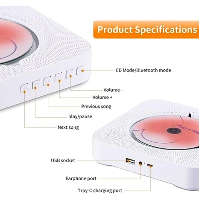 CD Player Portable with Bluetooth 5.0,Wall Mountable & Desktop, Built-in Dual Speakers, with Remote Control,Dust Cover