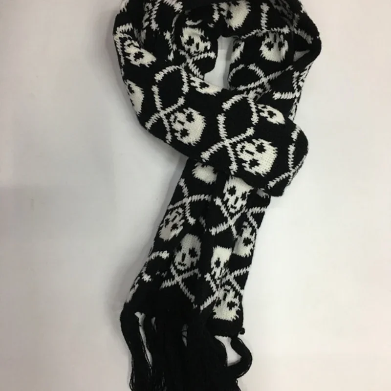 Luxus Skeleton Wrap mit Fransen Frauen Männer Schädel Schal Unisex Winter Warme Gestrickte Pashmina Schal Schwarz Quasten Schal Echarpe – Detail 2