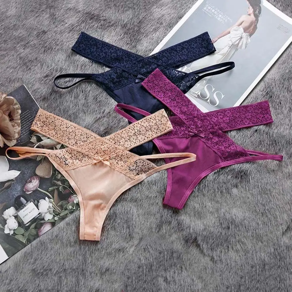 

Cross Strap Ice Silk Bikini Thong Cotton Crotch Solid Color Female Lingerie Traceless Panties Lace Panties Women Thong