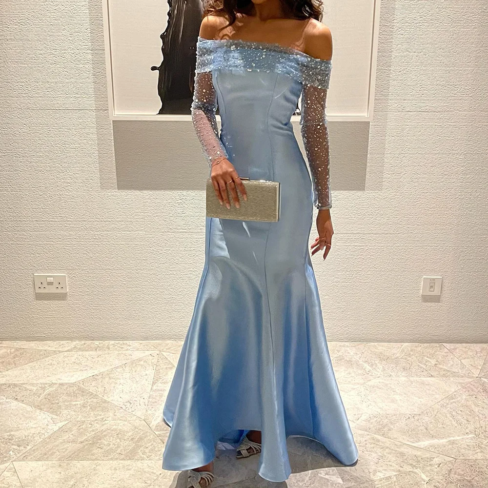 

Furtanseo Dubai Luxury Evening Dresses Off The Shoulder Mermaid Train Long Illusion Sleeves Backless New Party Guest Gowns