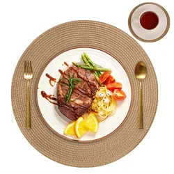 Set of 6 Round Braided Washable Non-Slip Placemats - 6xPlacemat 6xCoaster (Gold)