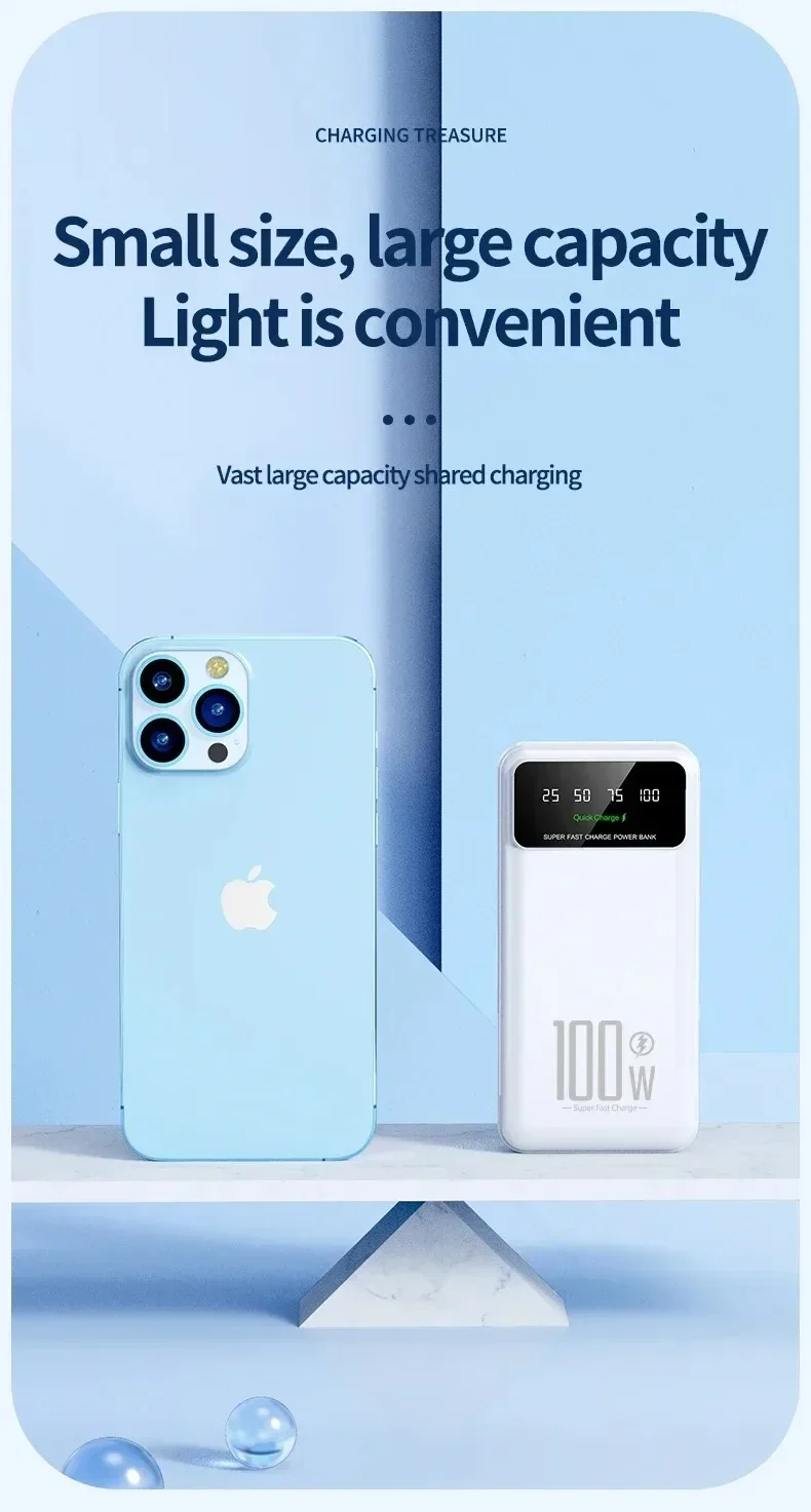 100W Fast Charging 50000mAh High Capacity Power Bank Portable Charger Battery Pack Powerbank for IPhone Huawei Samsung Xiaomi