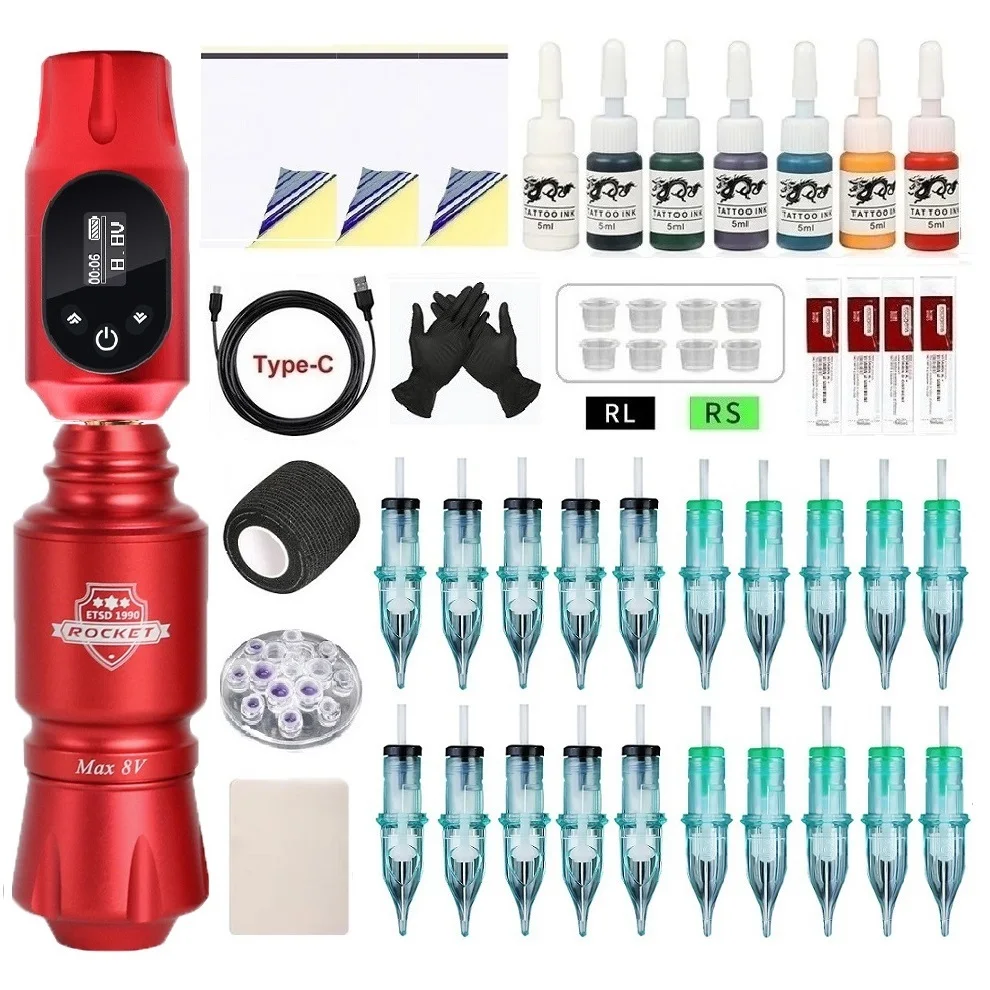 

Wireless Tattoo Machine Kit Complete Rocket Rotary Pen With 1400 mAh Tattoo Power 20PCS Cartridges Needle Tattoo Beginners Set