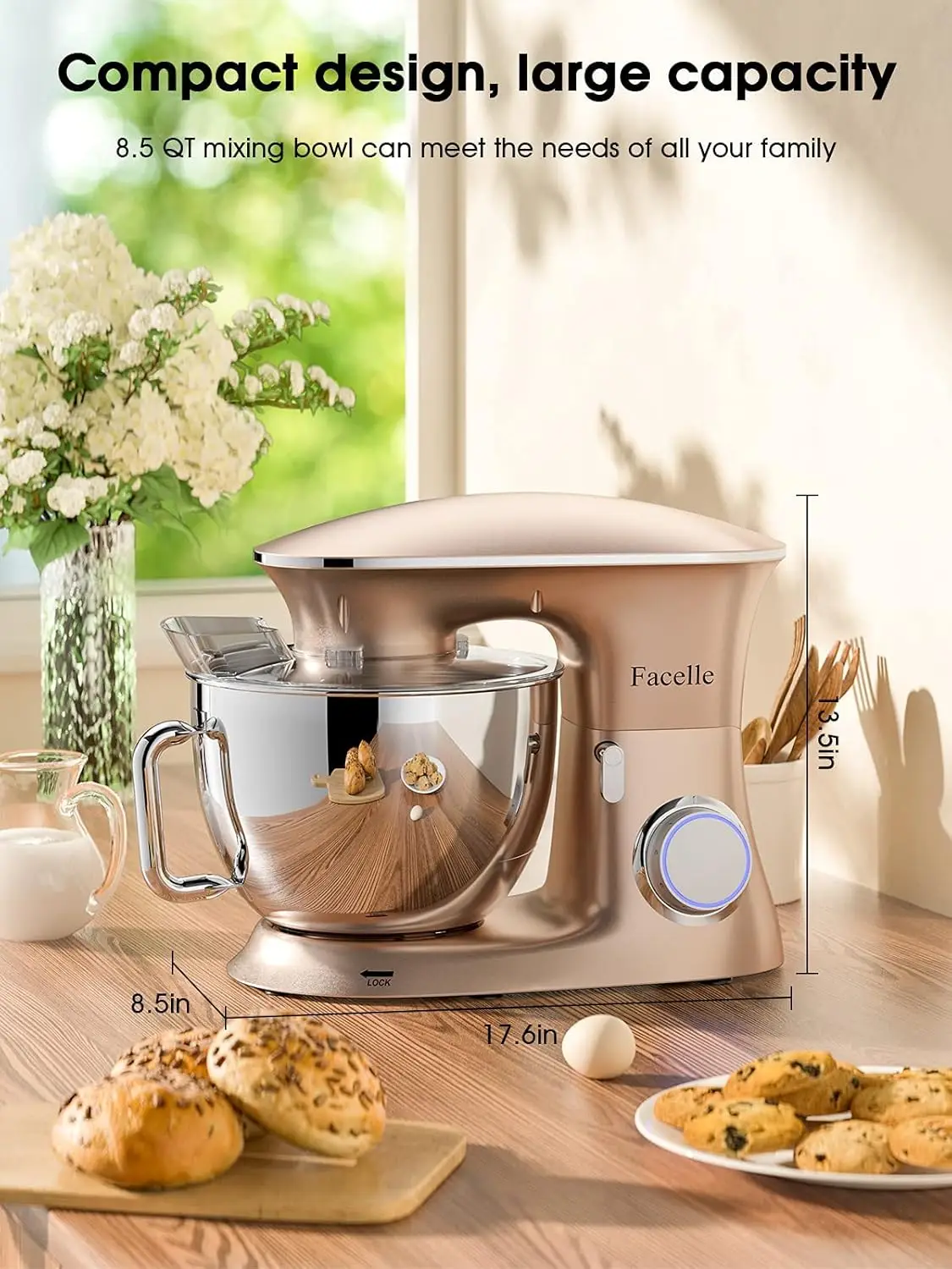 Kitchen Electric Stand Mixer, Facelle Cake Mixer for Baking 6-Speed 660W Tilt-Head Food Mixer with Beater, Dough Hook and Wire W 2