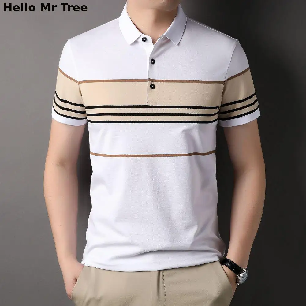 

2023 Summer Short Sleeve Polo-Shirt Men Soft Cotton Lapels Striped T-Shirt Top Grade Business Casual Men's Tops