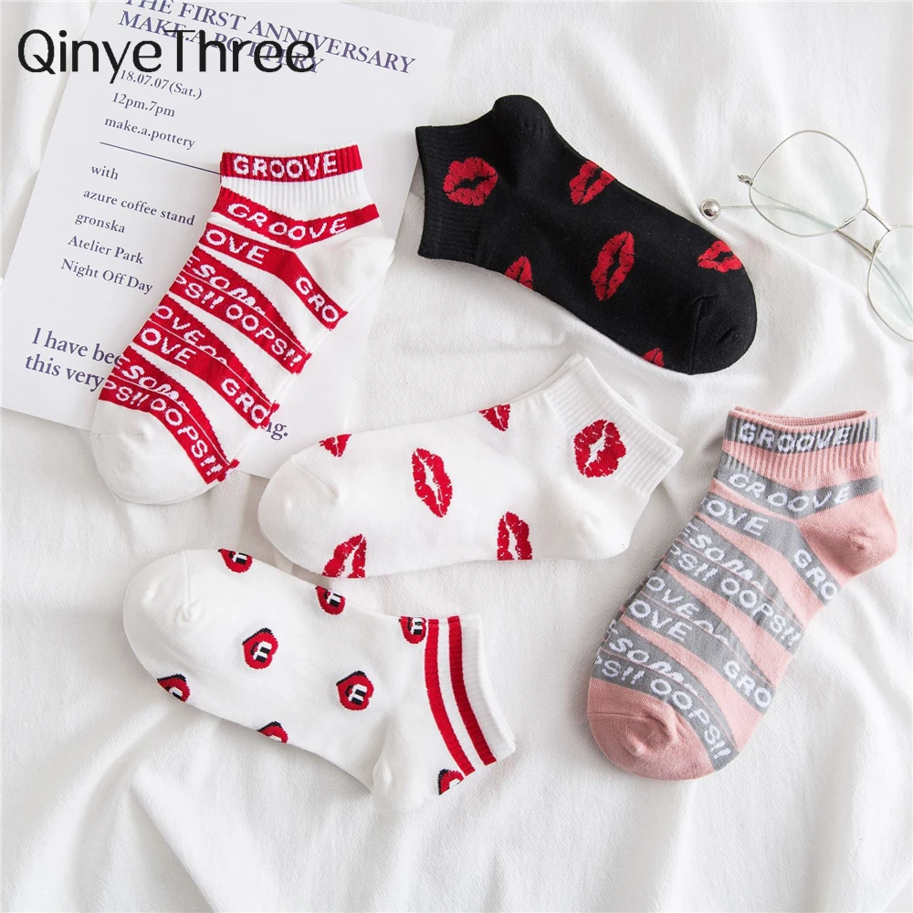 

Шикарные женские летние носки с красными губами любовным сердцем и надписью, хипстерские спортивные короткие носки до щиколотки в стиле преппи, модная колледжа