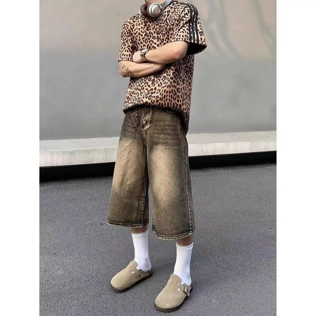 American retro cropped men wide leg jeans Y2k Gothic washed loose straight casual couple shorts sweatpants 5