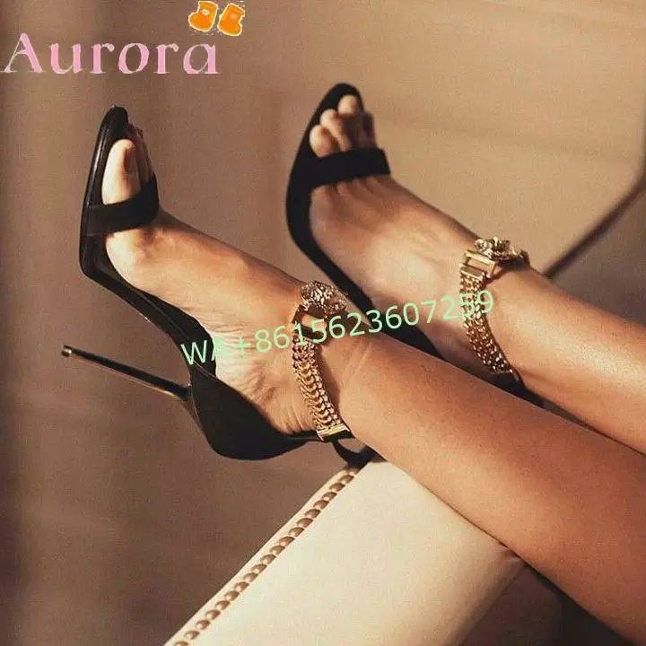 

New Style Genuine Leather Dew Metal Decorative High Heels Shoes Sexy T Stage Catwalk Fashion Women Sandals