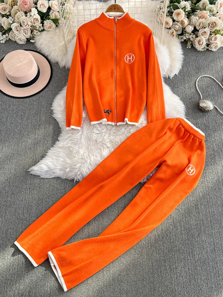 Women's Long Sleeved Knitted Sweater High Waist Slim Straight Leg Pants Two-piece Set Y2k Korean Autumn