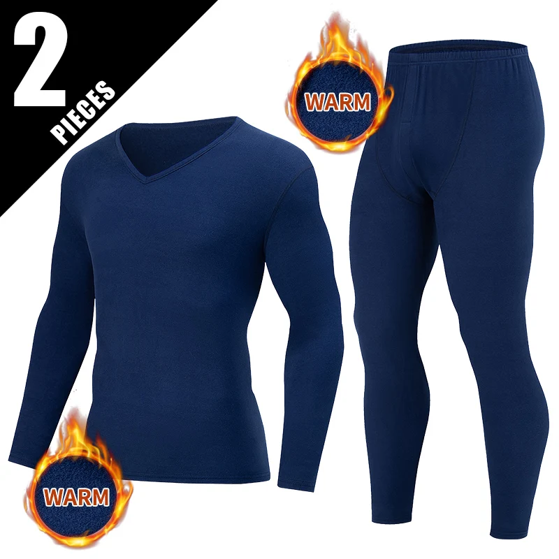 2-piece Autumn And Winter Men's Small V-neck Solid Color Warm Underwear Set Comfortable Large Bottom Shirt Versatile Sleepwear