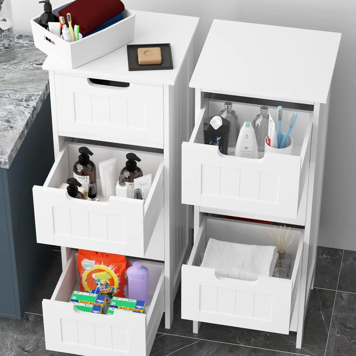 30 x 30 x 82 cm großer weißer MDF-Schrank mit 4 Schubladen, platzsparender Aufbewahrungsorganisator für Badezimmer und Schlafzimmer – Detail 9