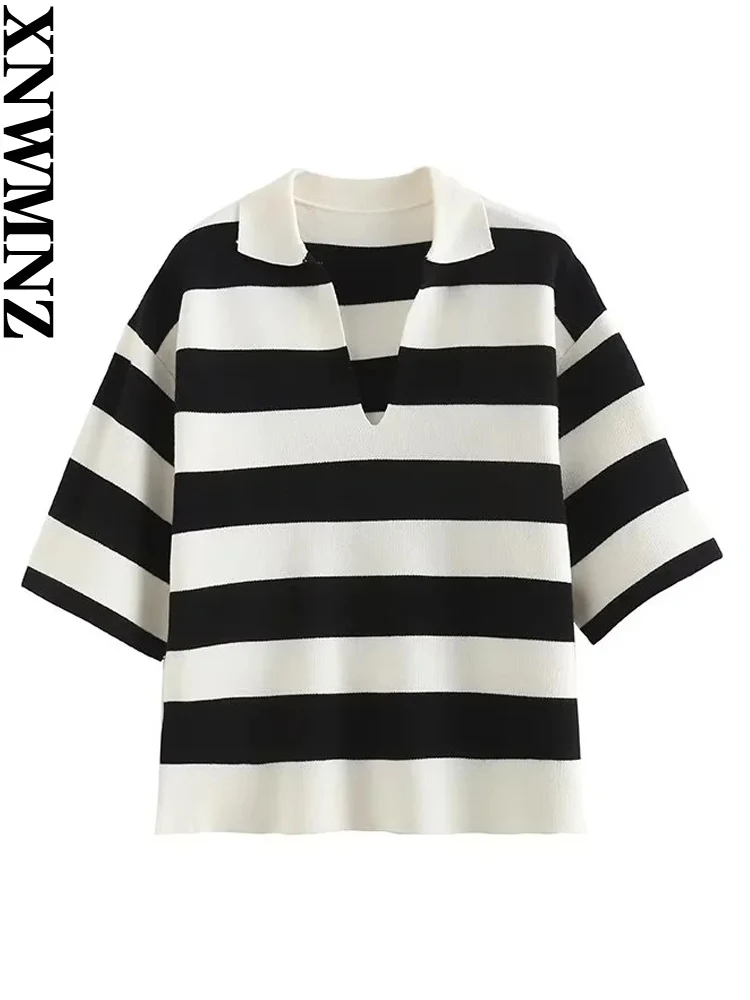 

XNWMNZ 2023 Women Fashion Loose Preppy Style Stripe Short Sleeve Polo Shirt Knit Female Casual Versatile Chic Pullover