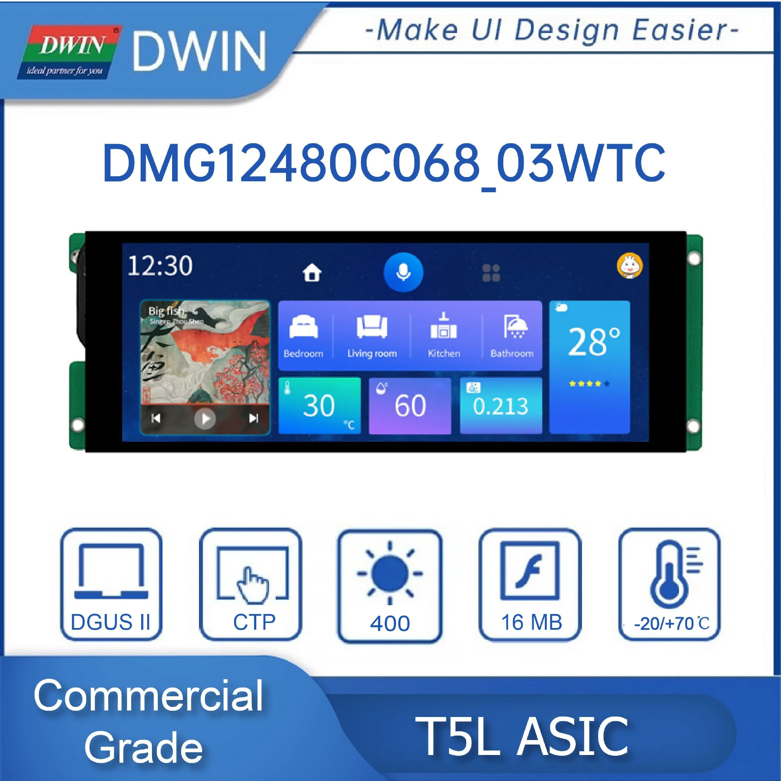6.8 Inch Bar Style IPS TFT LCD Module UART Intelligent Display Touch Screen HMI DMG12480C068_03W
