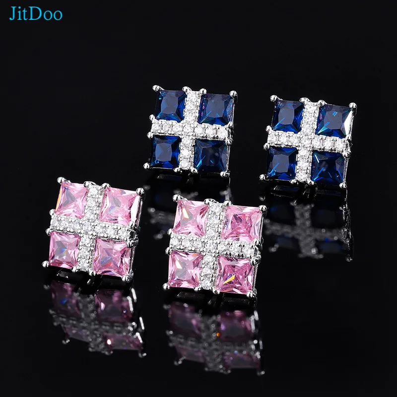 

JitDoo Gorgeous Square Stud Blue Corundum Earrings for Women Luxury Elegant Pink Cubic Zirconia Wedding Engagement Jewelry