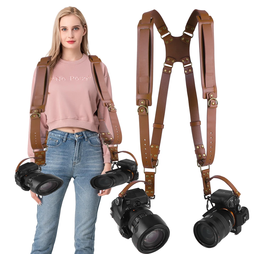 Dual Camera Strap Double Camera Harness Adjustable Leather Camera Straps Universal Camera Shoulder Strap for DSLR/SLR Cameras