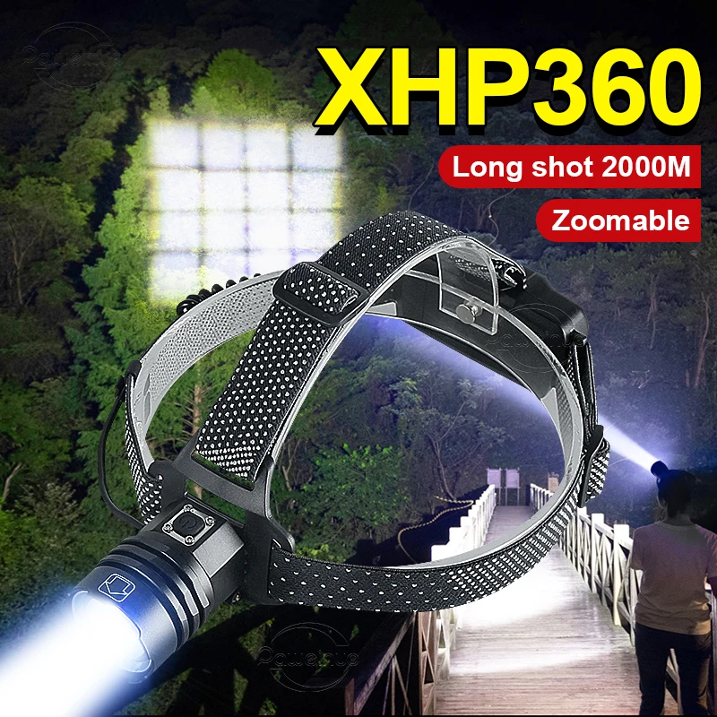 

XHP360 Мощный светодиодный портативный налобный фонарь Водонепроницаемый уличный налобный фонарь Масштабируемый налобный фонарик 18650 USB перезаряжаемый налобный фонарь