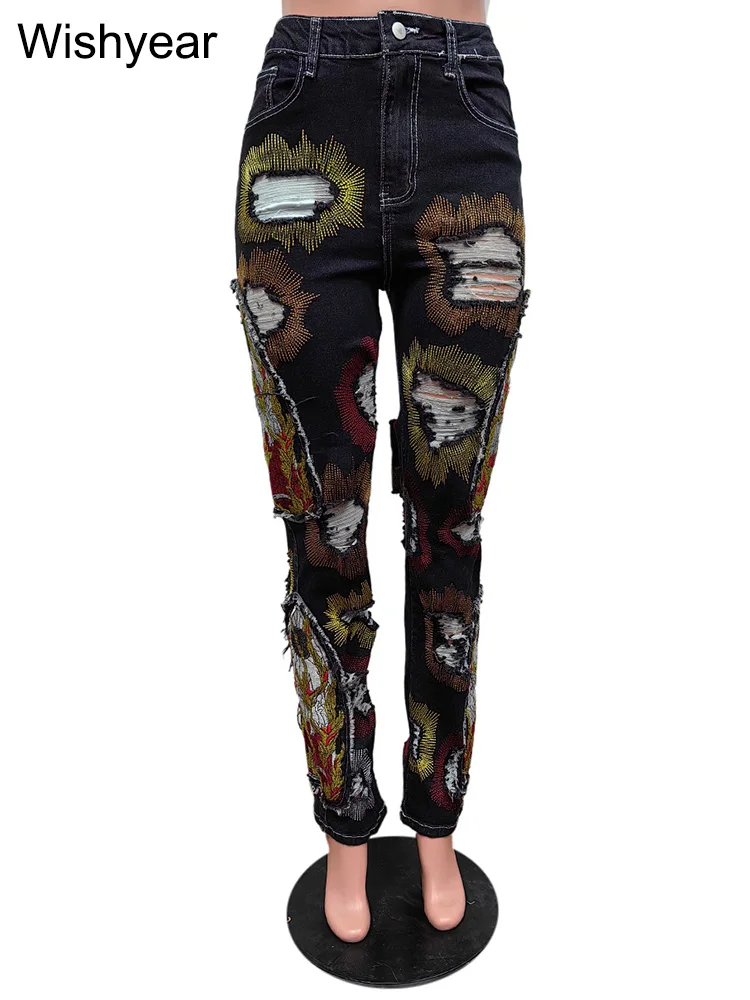 Harajuku Embroidery Print Hole Jeans Women's Stretch Denim Straight Cargo Pants Black Trousers Streetwear pantalones de mujer 4