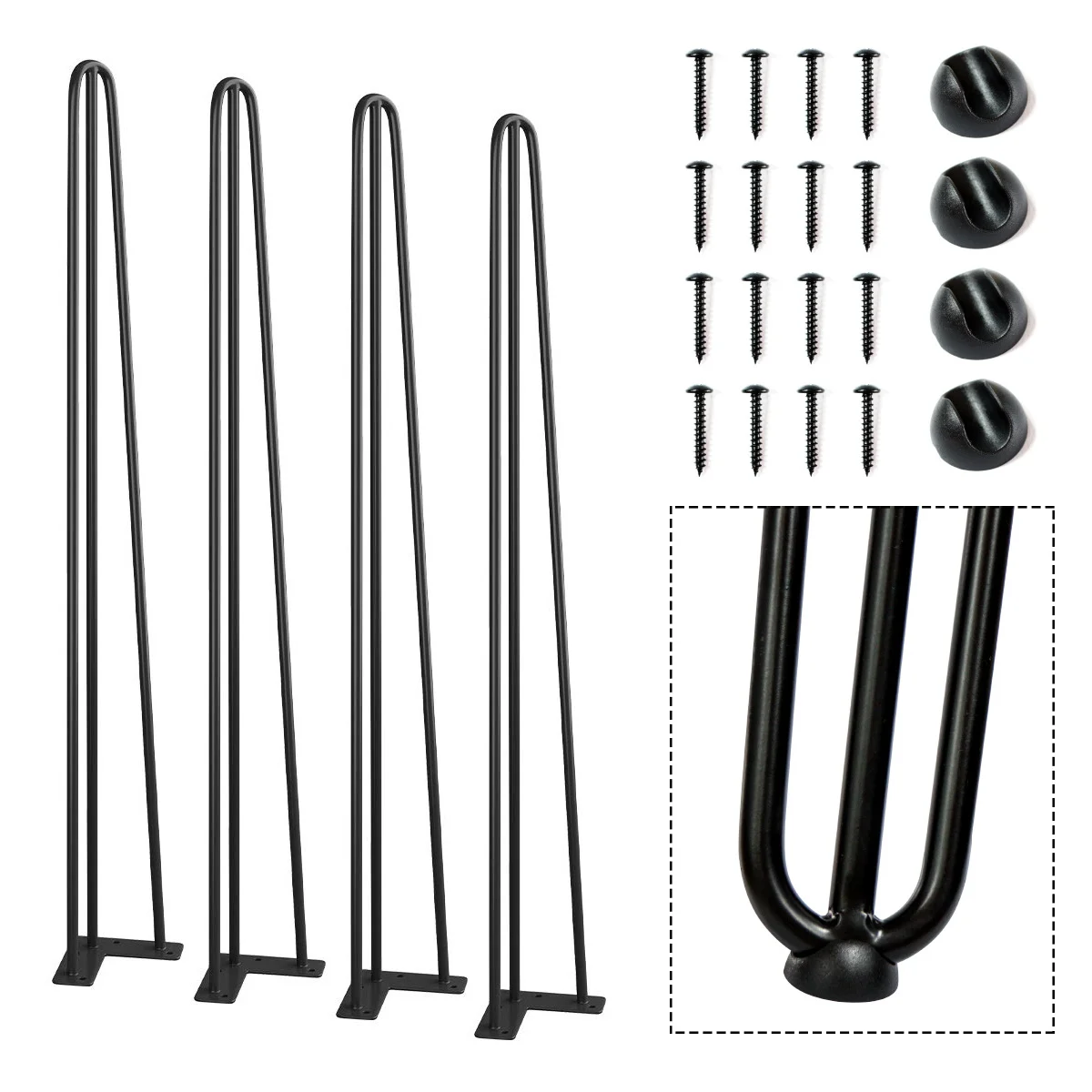 

4 PCS Hairpin Table Legs 3 Rods Black Desk Leg with Floor Protectors Heavy Duty Furniture Fittings for Bench Dining Bar Chairs