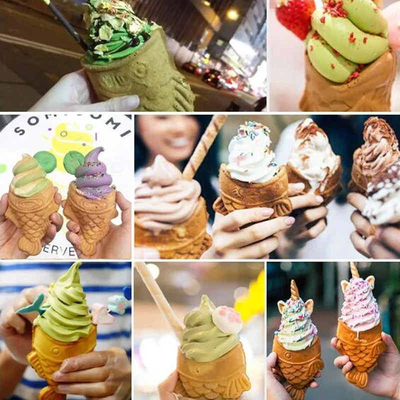 상업용 전기 오픈 입 물고기 모양 타이야키 메이커, 아이스크림 콘 타이야키 기계, 와플 콘 베이커리 와플 기계, 2 개