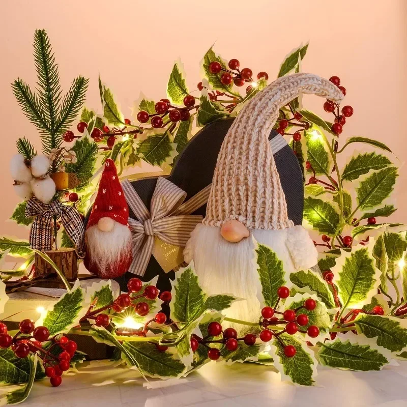 Artificial Plants Christmas Holly Berry Vines Fake Green Leaves Hanging Garlands with Light Strings for Home Party Xmas Decor