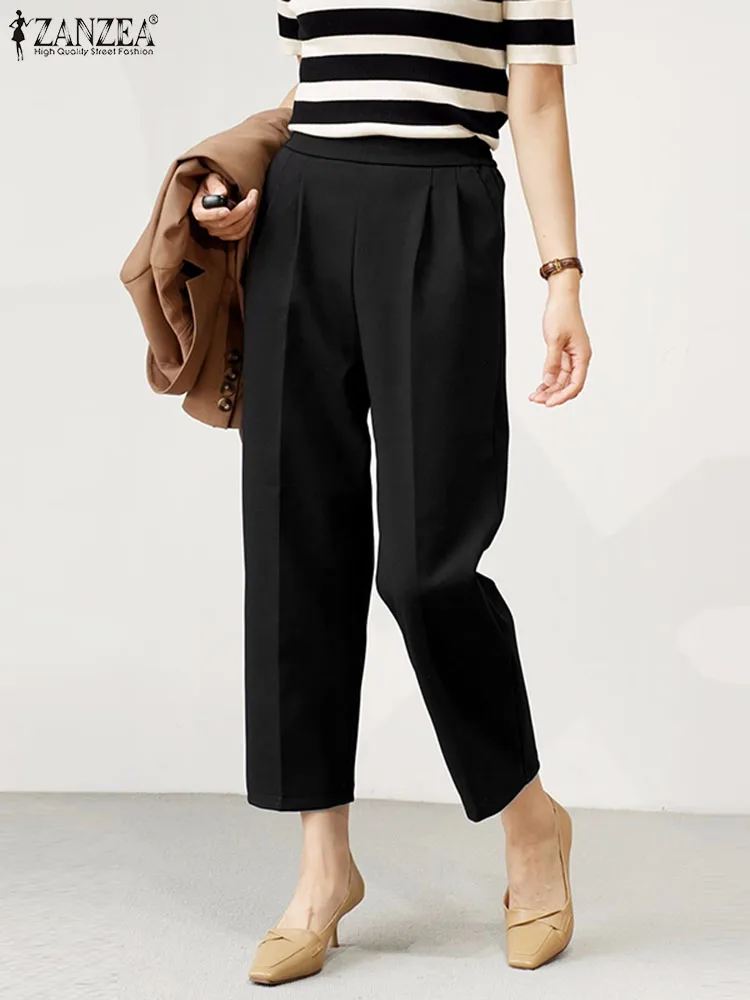 Women Elastic Waist Cropped Pants Summer Office Trouser