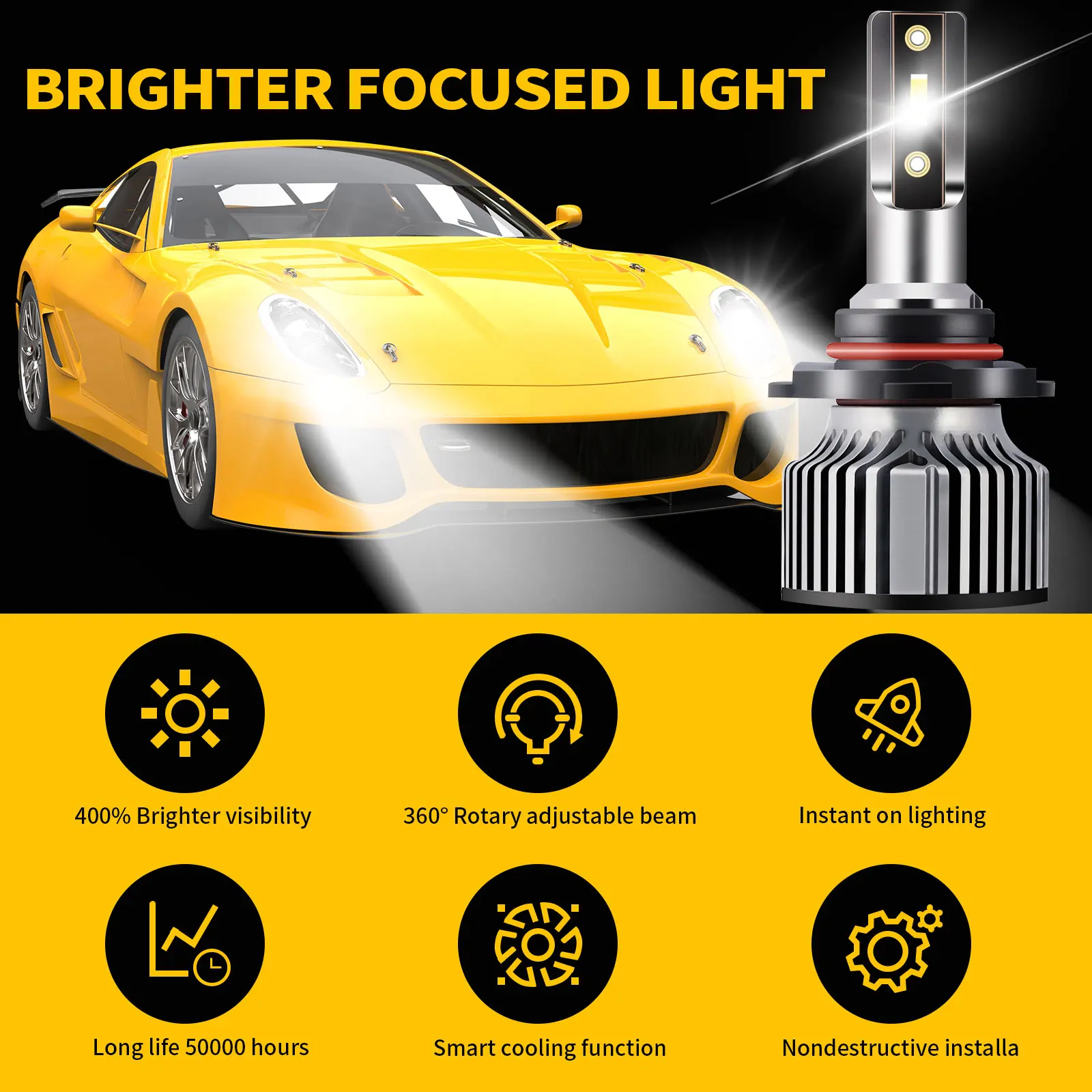 9005/HB3 LED Headlight Bulbs, 48W 10000 Lumens Super Bright LED Headlights Conversion Kit 6000K Cool White IP68 Waterproof, Pack