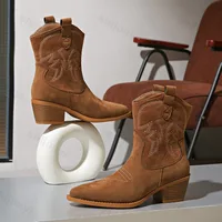 Women Boots 2025 New Cowboy Retro Leather Ankle Boots Comfortable Embroidered Spring Autumn Sexy High Short Boots Botas Mujer - Image 3