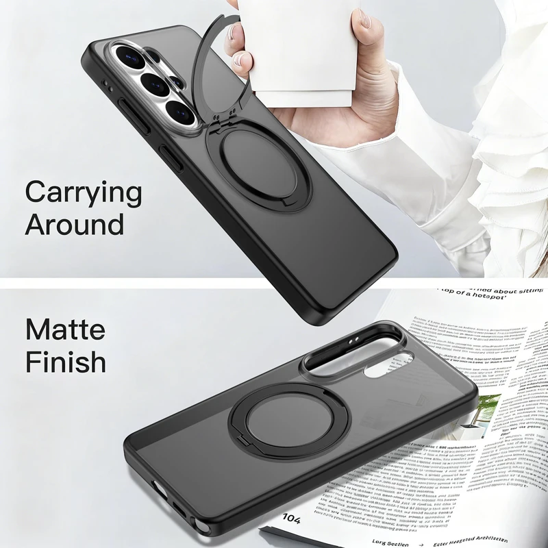 Ultra-Thin Magnetic Matte Case with Rotatable Ring Cover - Anti-Fingerprint Protection