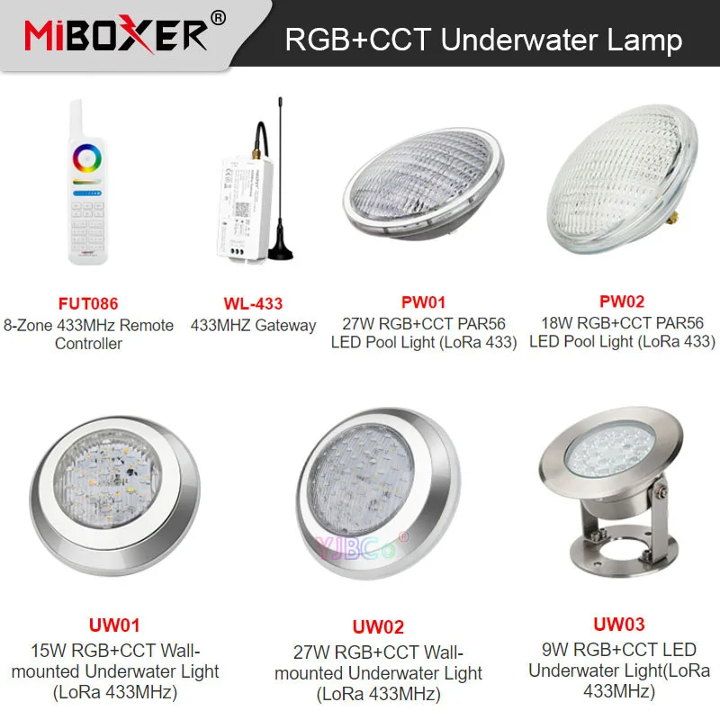 

MiBoxer 9W/15W/18W RGB+CCT Wall-mounted Underwater Lamp IP68 underwater 27W PAR56 LED Pool Light AC12V/DC12-24V;433MHz Gateway